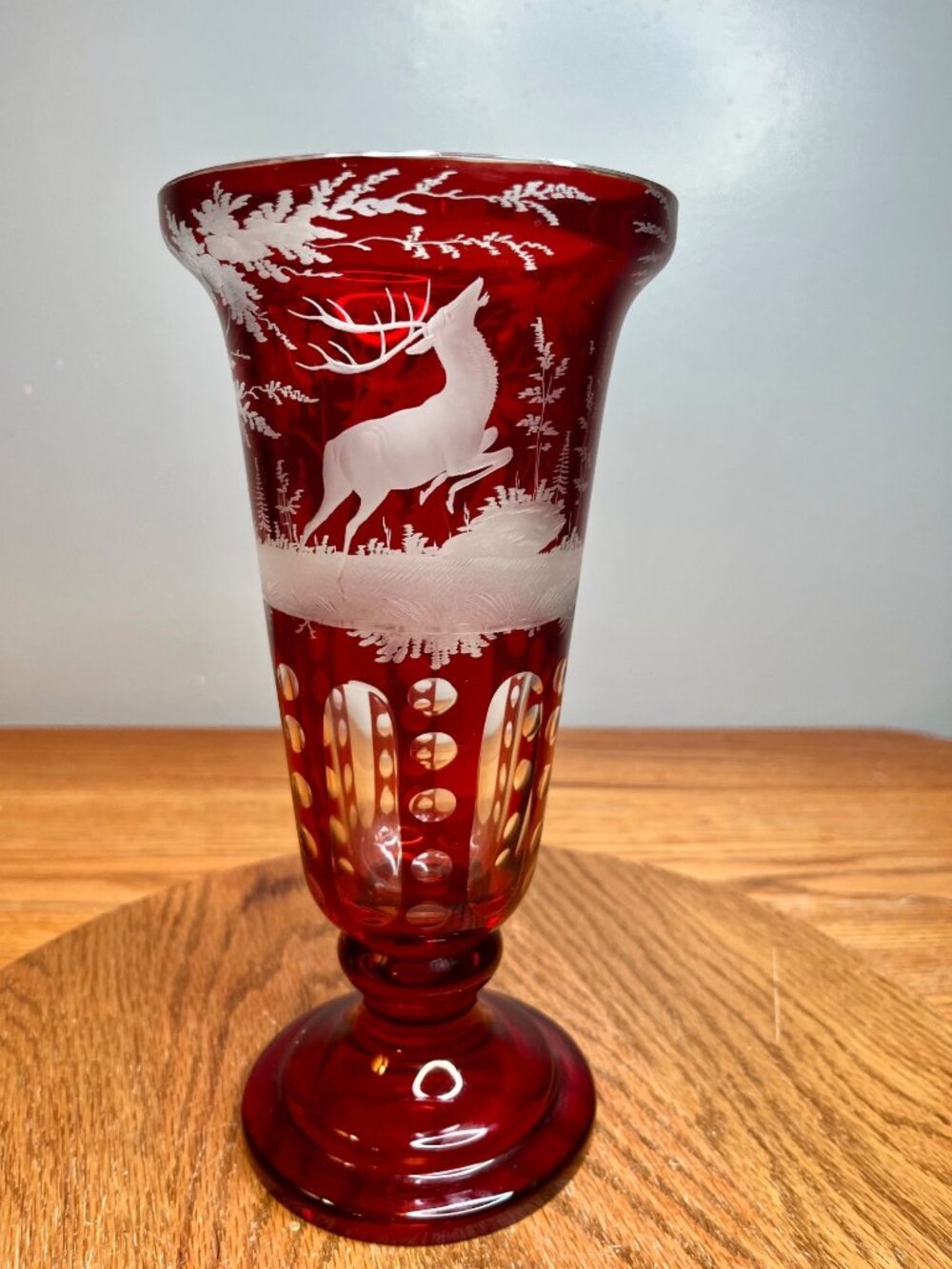 Vintage Egermann Bohemian Czech Ruby Red Cut  Glass 9" Vase Stag motif